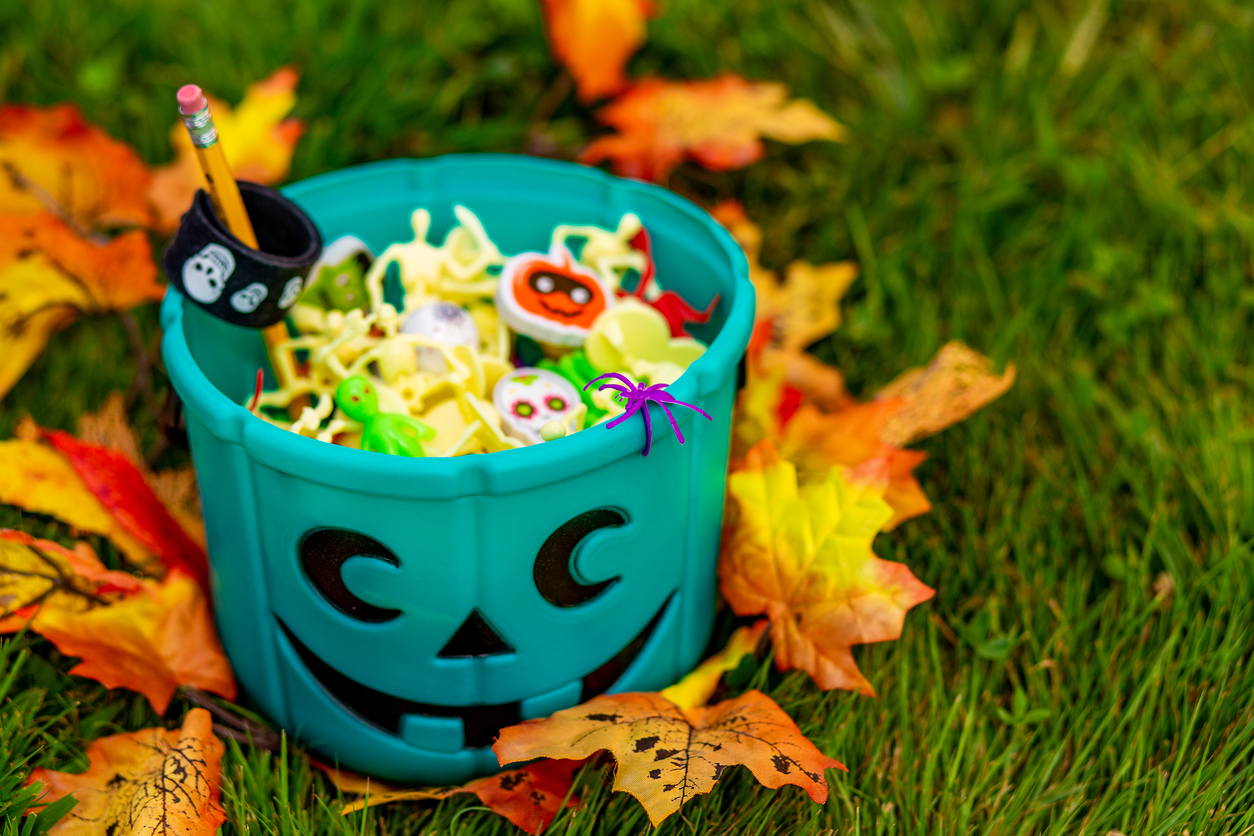 Halloween teal basket full of goodies